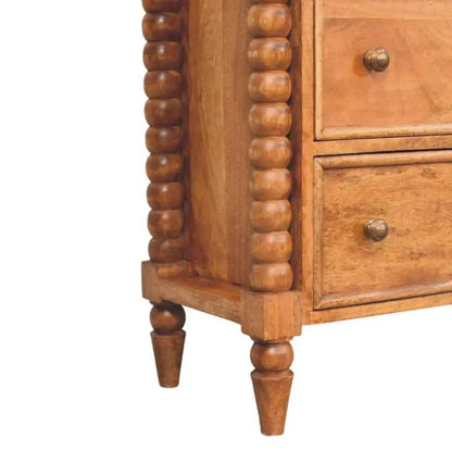 Solid Mango Wood Spindle Chest with 3 Drawers and Turned Spindle Legs, Bedside Cabinet with Ample Storage, 35L x 80W x 80H cm, Brown
