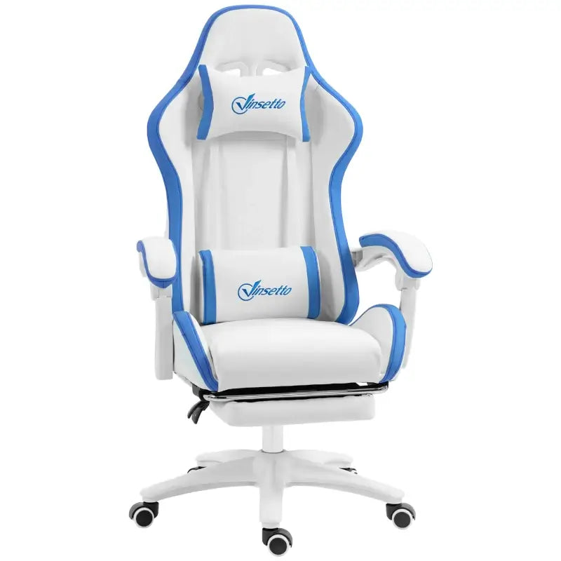 Vinsetto Gaming Chair, Computer Gamer Chair with Reclining High Back, Headrest, Lumbar Support, Footrest, Swivel Wheels, PU Leather, Adjustable Height for Home, White and Blue