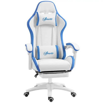 Vinsetto Gaming Chair, Computer Gamer Chair with Reclining High Back, Headrest, Lumbar Support, Footrest, Swivel Wheels, PU Leather, Adjustable Height for Home, White and Blue
