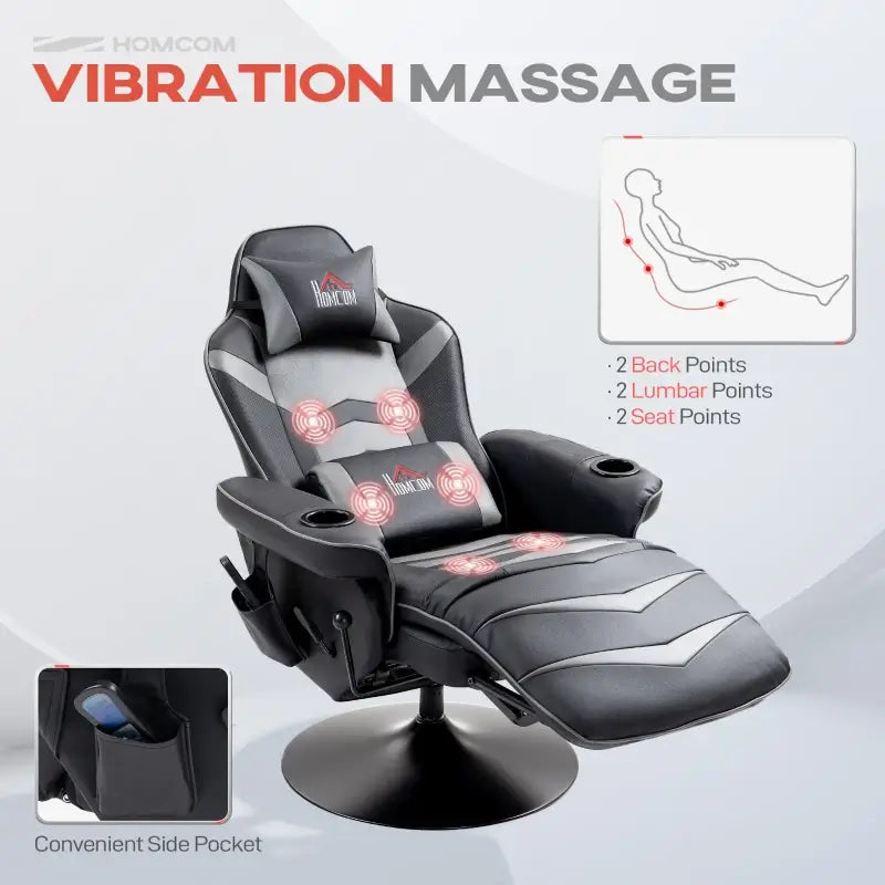 HOMCOM Small Leather Gaming Massage Recliner Chair with Ergonomic High Back Retractable Footrest Headrest Work Break Grey