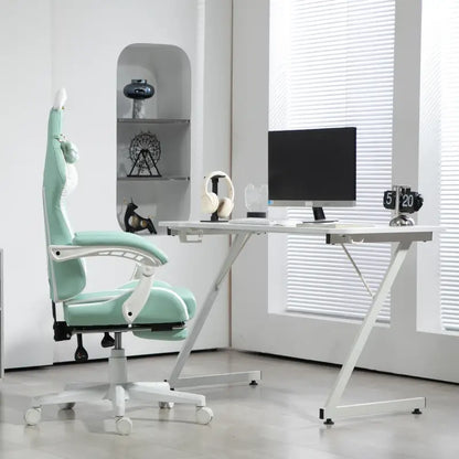 HOMCOM Cat Ear and Paw Reclining Office Chair, with Footrest - Light Blue/White