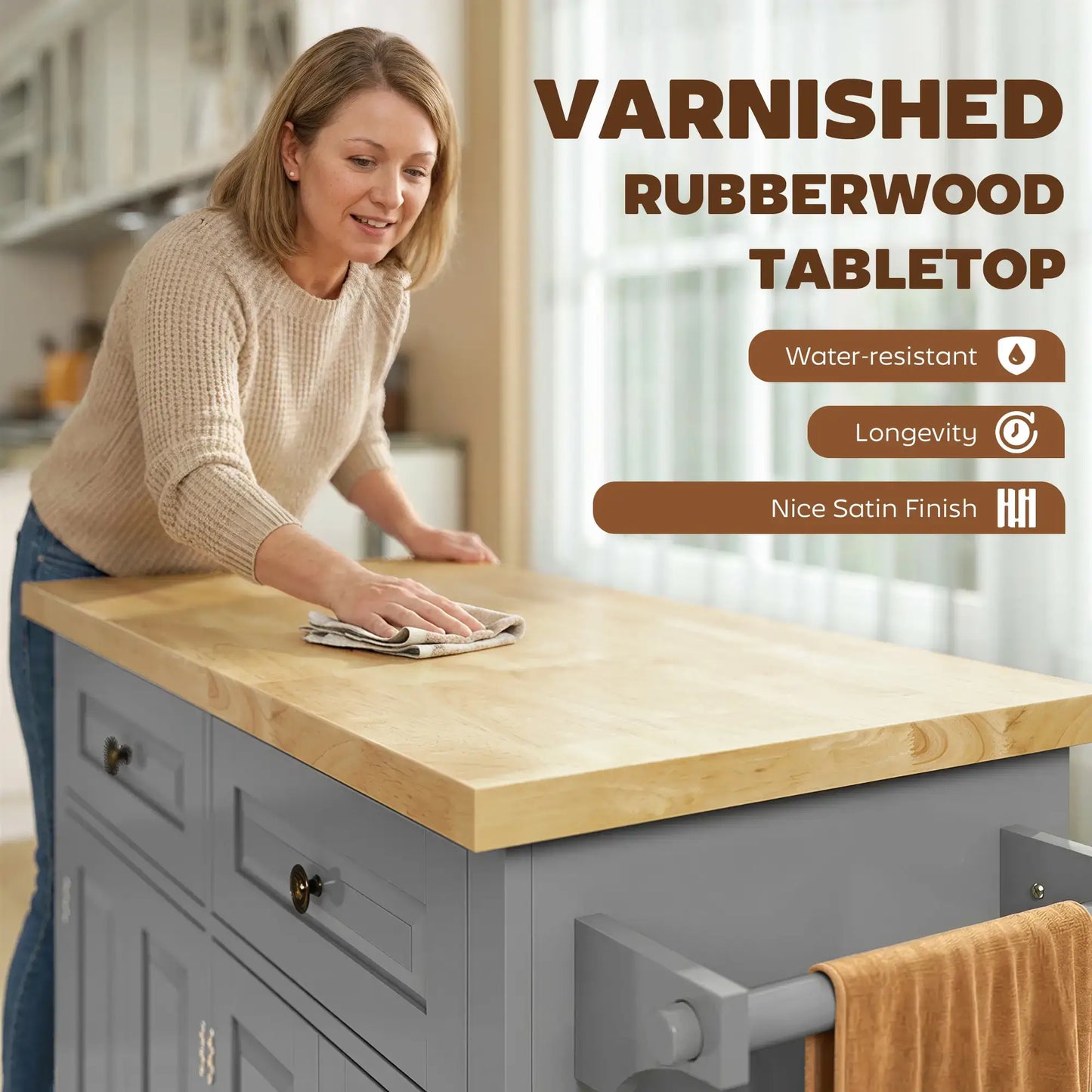 HOMCOM Rolling Kitchen Island Storage Trolley with Rubber Wood Top & Drawers for Dining Room, Grey
