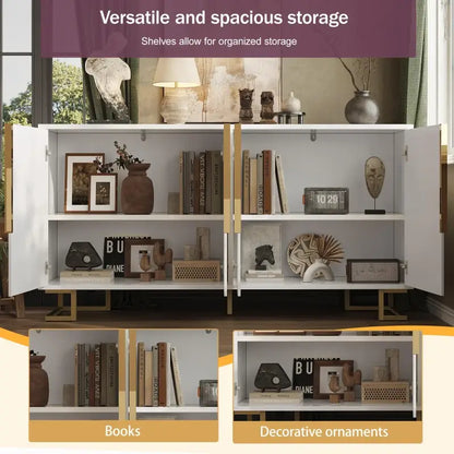 Stylish Sideboard with 2 Doors, 4 Shelves and Geometric Door Design, Durable Cabinet with Slim Metal Feet, 152L x 40W x 75H cm, White