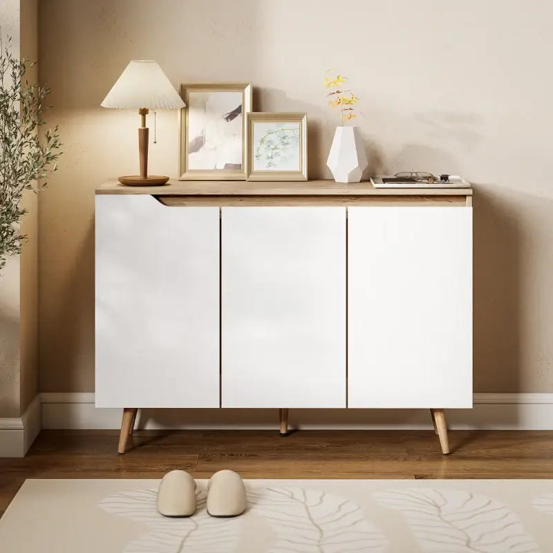 HOMCOM Sideboard Storage Cabinet, Kitchen Cupboard with 3 Doors, 2 Adjustable Shelves and 5 Rubberwood Legs, White and Oak
