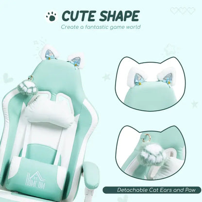 HOMCOM Cat Ear and Paw Reclining Office Chair, with Footrest - Light Blue/White