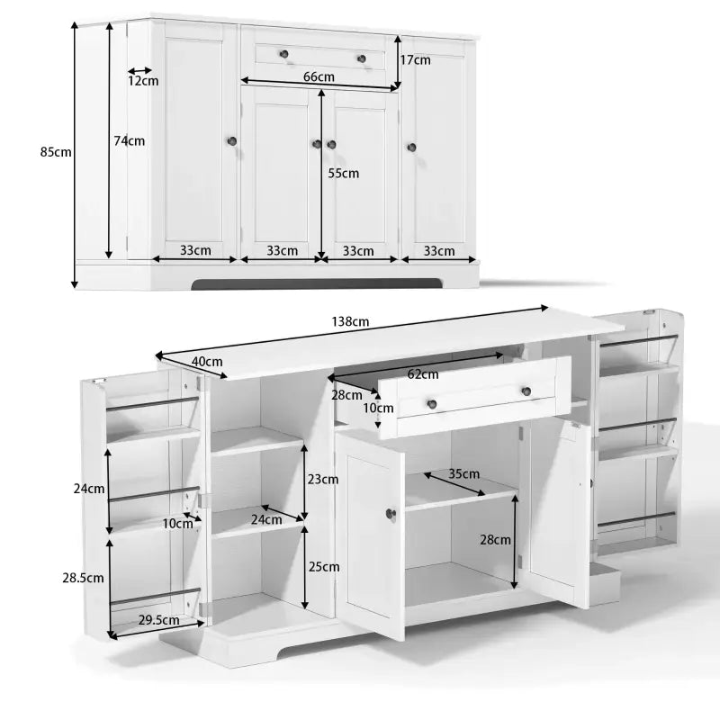 Multifunctional Kitchen Sideboard with Double-Door Compartment, Spacious Cabinet with Adjustable Shelves, 138L x 40W x 85H cm, White