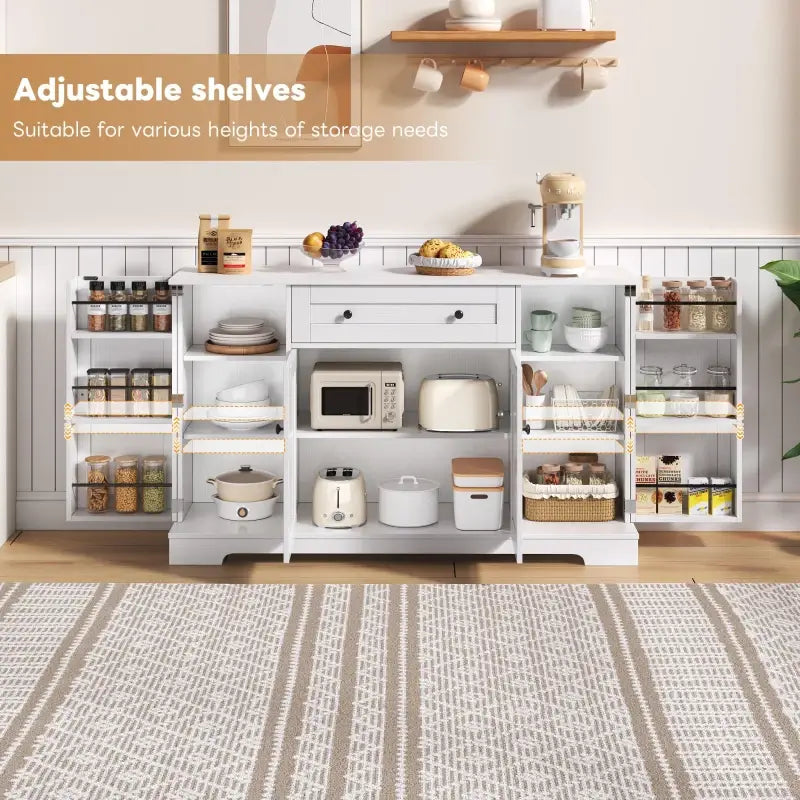 Multifunctional Kitchen Sideboard with Double-Door Compartment, Spacious Cabinet with Adjustable Shelves, 138L x 40W x 85H cm, White