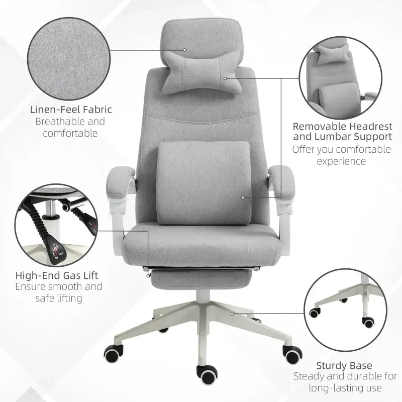 Vinsetto Office Chair, High Back Fabric Work Chair with 160° Reclining Backrest, Retractable Footrest, Neck and Lumbar Pillow, Light Grey
