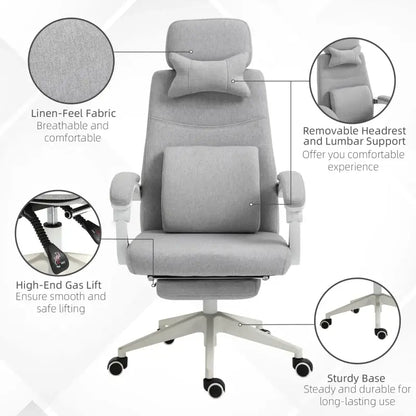 Vinsetto Office Chair, High Back Fabric Work Chair with 160° Reclining Backrest, Retractable Footrest, Neck and Lumbar Pillow, Light Grey