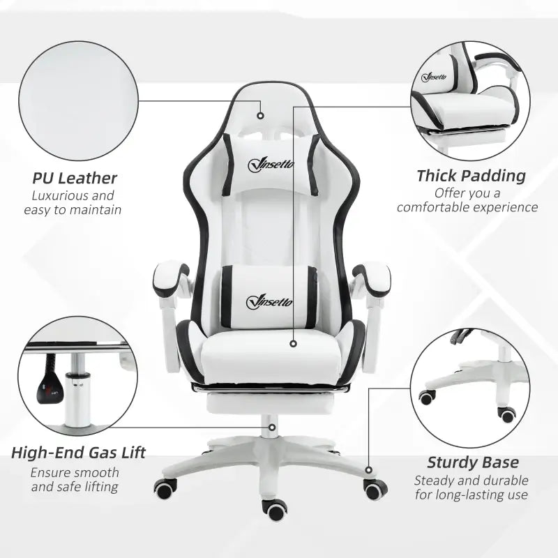 Vinsetto Gaming Chair, Computer Gamer Chair with Reclining High Back, Headrest, Lumbar Support, Footrest, Swivel Wheels, PU Leather, Adjustable Height for Home, White and Black