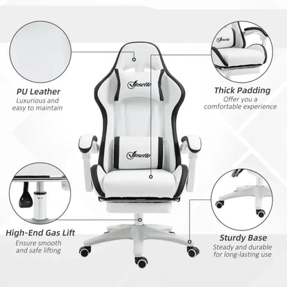 Vinsetto Gaming Chair, Computer Gamer Chair with Reclining High Back, Headrest, Lumbar Support, Footrest, Swivel Wheels, PU Leather, Adjustable Height for Home, White and Black