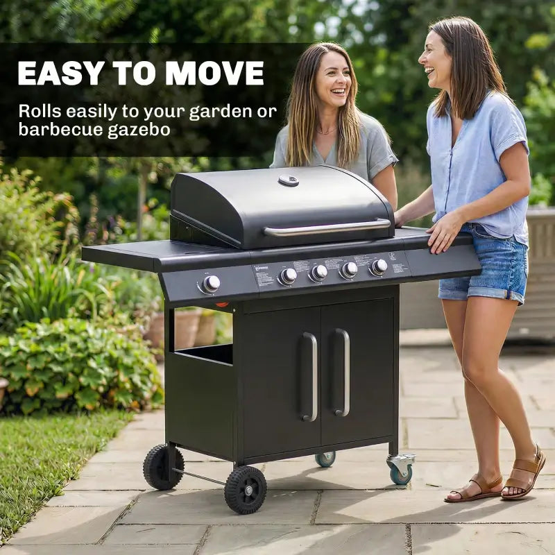 Outsunny 4+1 Burner Gas BBQ Grill with Storage Cabinet, 15.2 kW Gas Barbecue Trolley with Side Table, 4 Wheels, Warming Rack