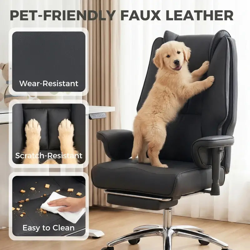 HOMCOM Executive Office Chair, Reclining Desk Chair with Footrest, Adjustable Armrests, Pet Friendly Faux Leather, Black
