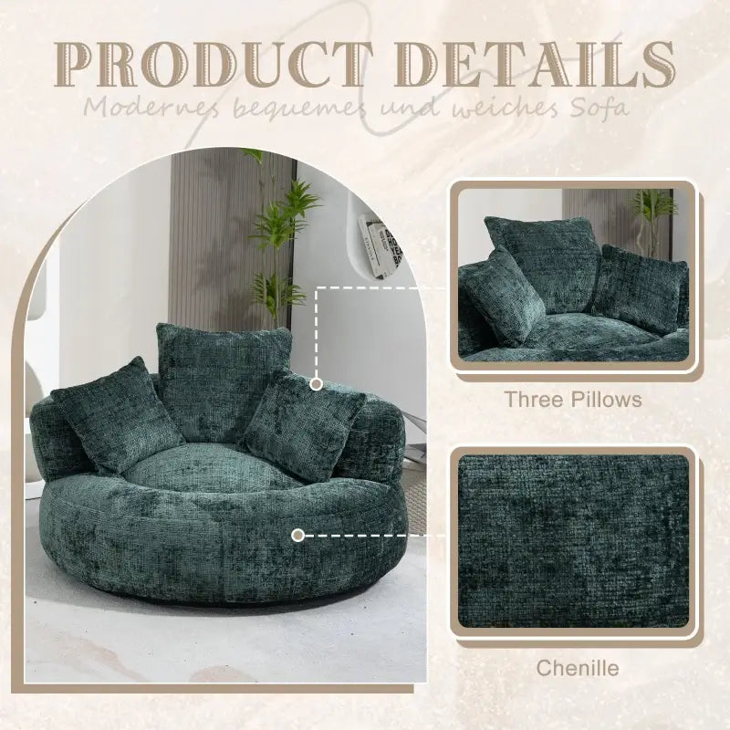 Lazy Sofa Bean Bag Chair with Memory Foam Filling, High Back and Three Pillows, Indoor and Outdoor Use, 108L x 108W x 52H cm, Green