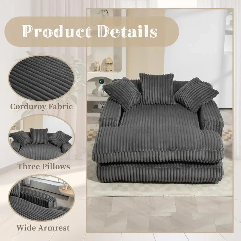Oversized Chaise Longue Sofa with 3 Throw Cushions and Wide Armrests, Chair with Shredded Memory Foam Seat, 155L x 125W x 63H cm, Dark Gray
