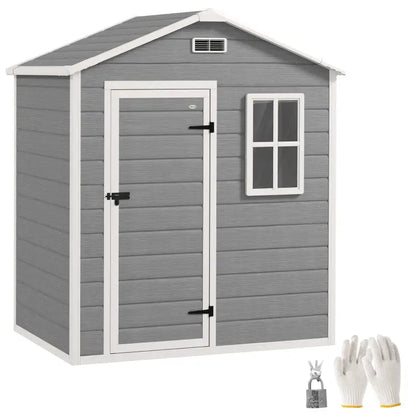 Outsunny 6 x 4ft Plastic Shed with Floor, Wood Effect Resin Garden Shed with Window, Lockable Door, Lock and Keys, Vents, All Weather Resistant for Outdoor, Patio, Lawn, Grey