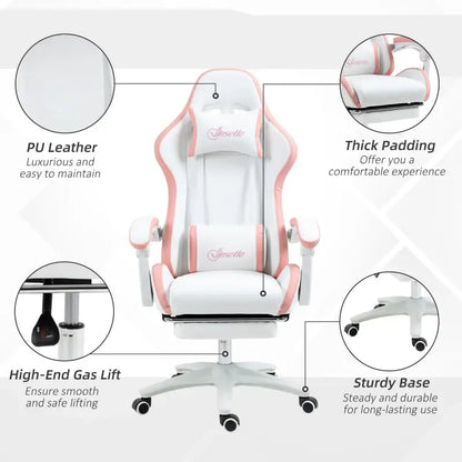 Vinsetto Gaming Chair, Computer Gamer Chair with Reclining High Back, Headrest, Lumbar Support, Footrest, Swivel Wheels, PU Leather, Adjustable Height for Home, White and Pink