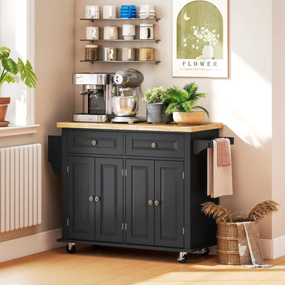 HOMCOM Rolling Kitchen Island Storage Trolley with Rubber Wood Top & Drawers for Dining Room, Black