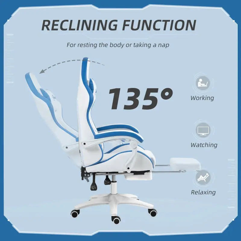 Vinsetto Gaming Chair, Computer Gamer Chair with Reclining High Back, Headrest, Lumbar Support, Footrest, Swivel Wheels, PU Leather, Adjustable Height for Home, White and Blue