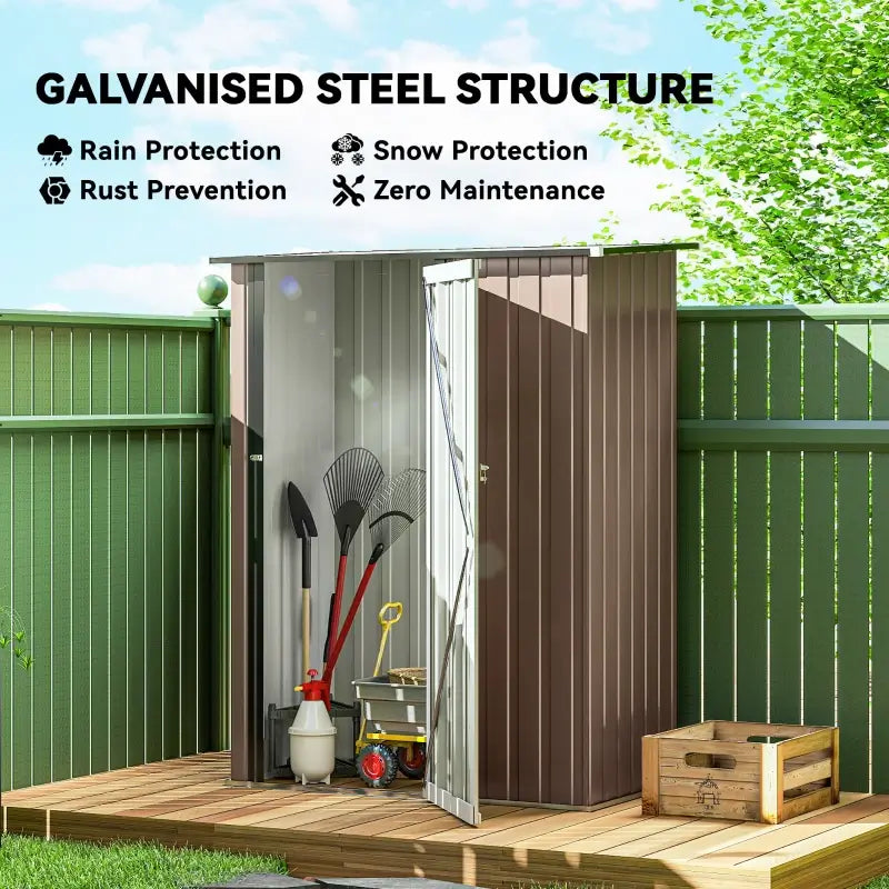 Outsunny 5ft x 3ft Garden Storage Shed, Galvanised Outdoor Metal Shed Waterproof with Sloped Roof, Lockable Door for Patio Tools, Equipment, Brown