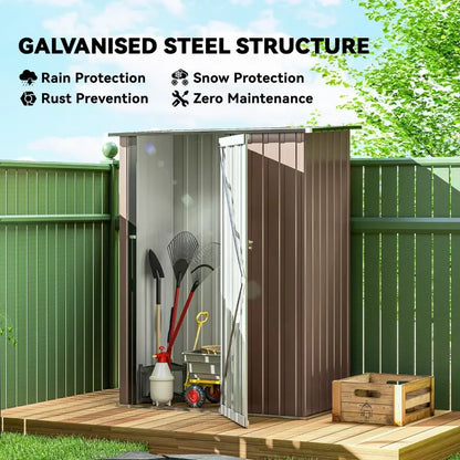 Outsunny 5ft x 3ft Garden Storage Shed, Galvanised Outdoor Metal Shed Waterproof with Sloped Roof, Lockable Door for Patio Tools, Equipment, Brown