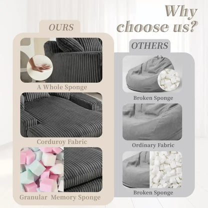 Oversized Chaise Longue Sofa with 3 Throw Cushions and Wide Armrests, Chair with Shredded Memory Foam Seat, 155L x 125W x 63H cm, Dark Gray
