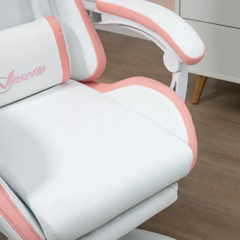 Vinsetto Gaming Chair, Computer Gamer Chair with Reclining High Back, Headrest, Lumbar Support, Footrest, Swivel Wheels, PU Leather, Adjustable Height for Home, White and Pink