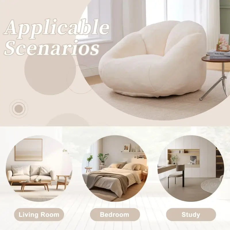 Shell-Shaped Bean Bag Chair with High-Rebound Memory Foam Filling, Ergonomic Floor Lounger with Faux Fur Removable Cover, 100L x 90W x 57H cm, Beige