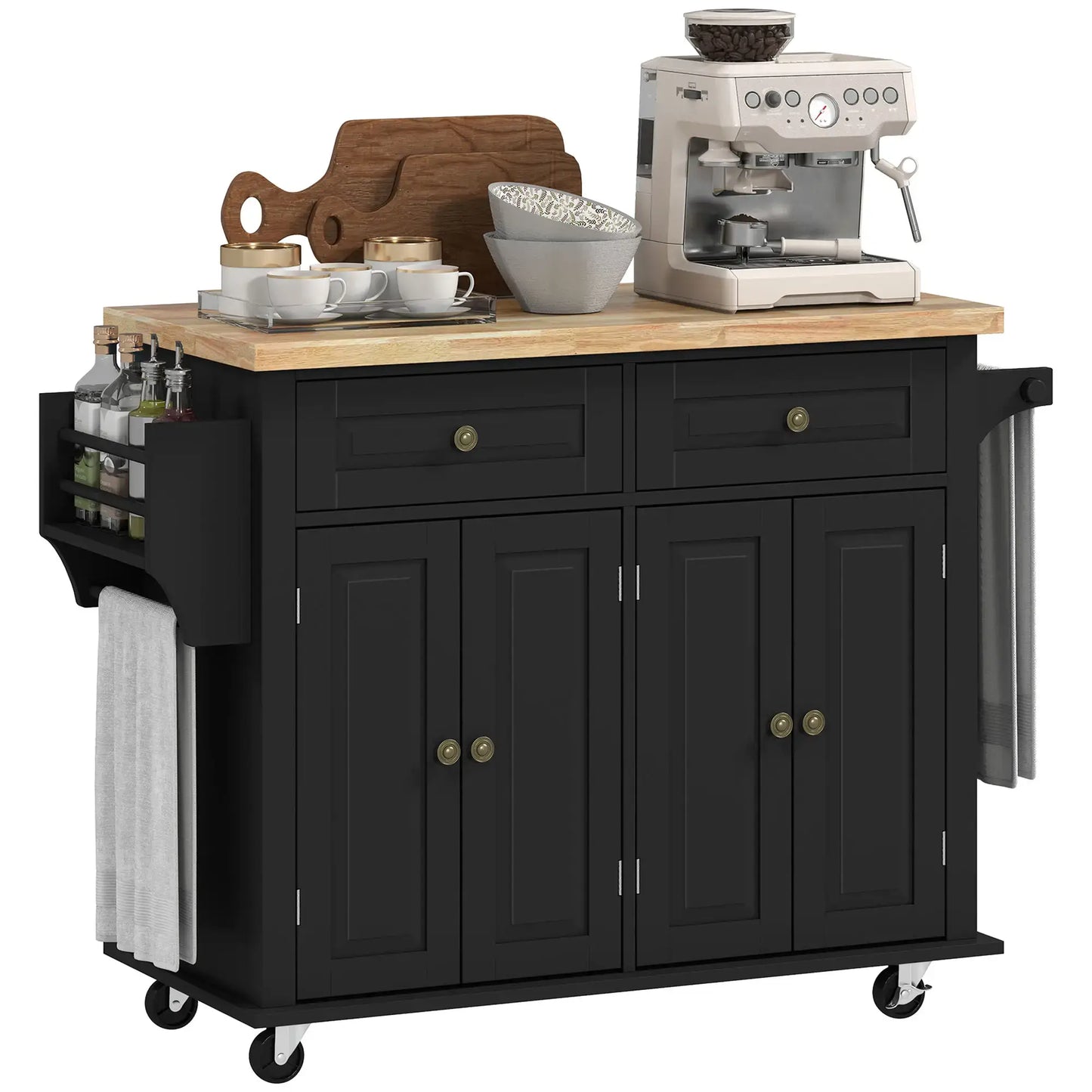 HOMCOM Rolling Kitchen Island Storage Trolley with Rubber Wood Top & Drawers for Dining Room, Black