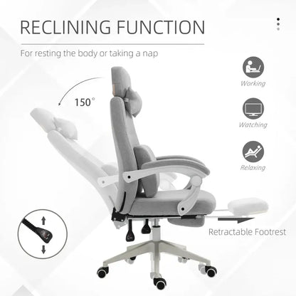 Vinsetto Office Chair, High Back Fabric Work Chair with 160° Reclining Backrest, Retractable Footrest, Neck and Lumbar Pillow, Light Grey