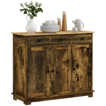 HOMCOM Sideboard with Rubberwood Top and Adjustable Shelves for Dining Room, Kitchen - Rustic Brown