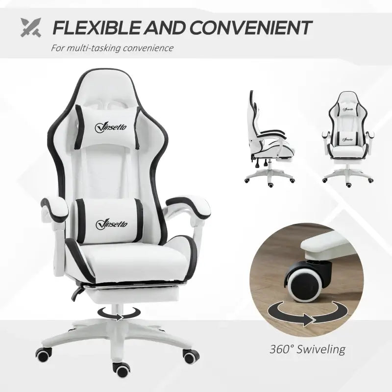 Vinsetto Gaming Chair, Computer Gamer Chair with Reclining High Back, Headrest, Lumbar Support, Footrest, Swivel Wheels, PU Leather, Adjustable Height for Home, White and Black