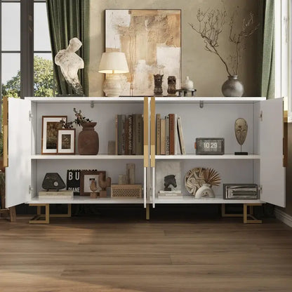 Stylish Sideboard with 2 Doors, 4 Shelves and Geometric Door Design, Durable Cabinet with Slim Metal Feet, 152L x 40W x 75H cm, White