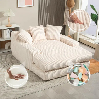 Oversized Chaise Longue Sofa with 3 Throw Cushions and Wide Armrests, Chair with Shredded Memory Foam Seat, 155L x 125W x 63H cm, Beige