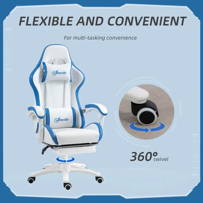 Vinsetto Gaming Chair, Computer Gamer Chair with Reclining High Back, Headrest, Lumbar Support, Footrest, Swivel Wheels, PU Leather, Adjustable Height for Home, White and Blue