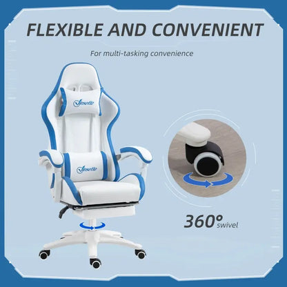 Vinsetto Gaming Chair, Computer Gamer Chair with Reclining High Back, Headrest, Lumbar Support, Footrest, Swivel Wheels, PU Leather, Adjustable Height for Home, White and Blue