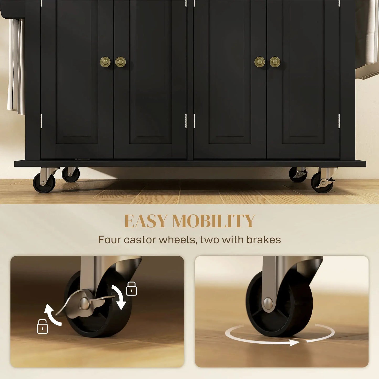 HOMCOM Rolling Kitchen Island Storage Trolley with Rubber Wood Top & Drawers for Dining Room, Black
