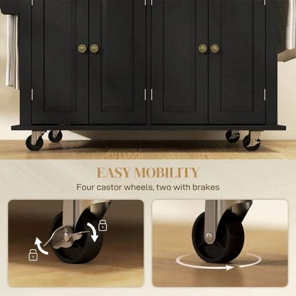 HOMCOM Rolling Kitchen Island Storage Trolley with Rubber Wood Top & Drawers for Dining Room, Black