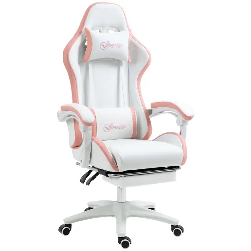 Vinsetto Gaming Chair, Computer Gamer Chair with Reclining High Back, Headrest, Lumbar Support, Footrest, Swivel Wheels, PU Leather, Adjustable Height for Home, White and Pink