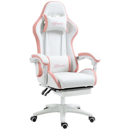Vinsetto Gaming Chair, Computer Gamer Chair with Reclining High Back, Headrest, Lumbar Support, Footrest, Swivel Wheels, PU Leather, Adjustable Height for Home, White and Pink