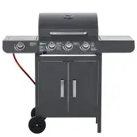 Outsunny 4+1 Burner Gas BBQ Grill, Outdoor Barbecue Trolley with Wheels, Warming Rack, Side Shelves, Cabinet, Thermometer for Garden, Party, Camping, 125 L x 51 W x 100 H cm, Black