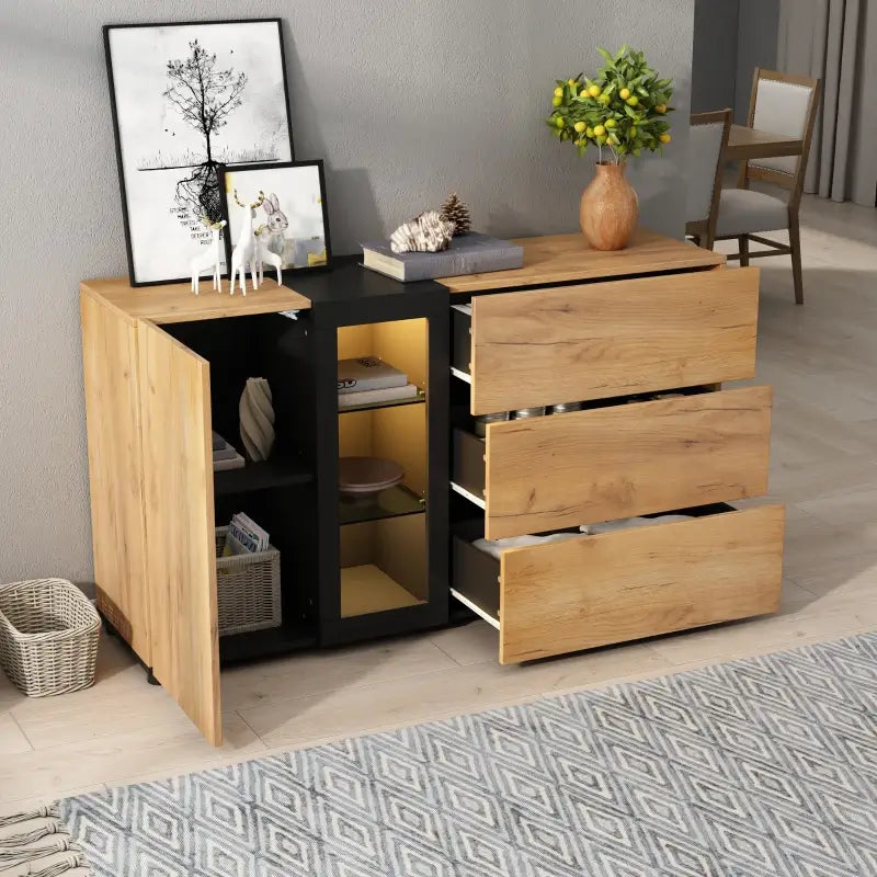 Modern Sideboard with 3 Drawers, LED Lighting, Storage Cabinet with Adjustable Glass Shelves, 140L x 40W x 80H cm, Black+Brown