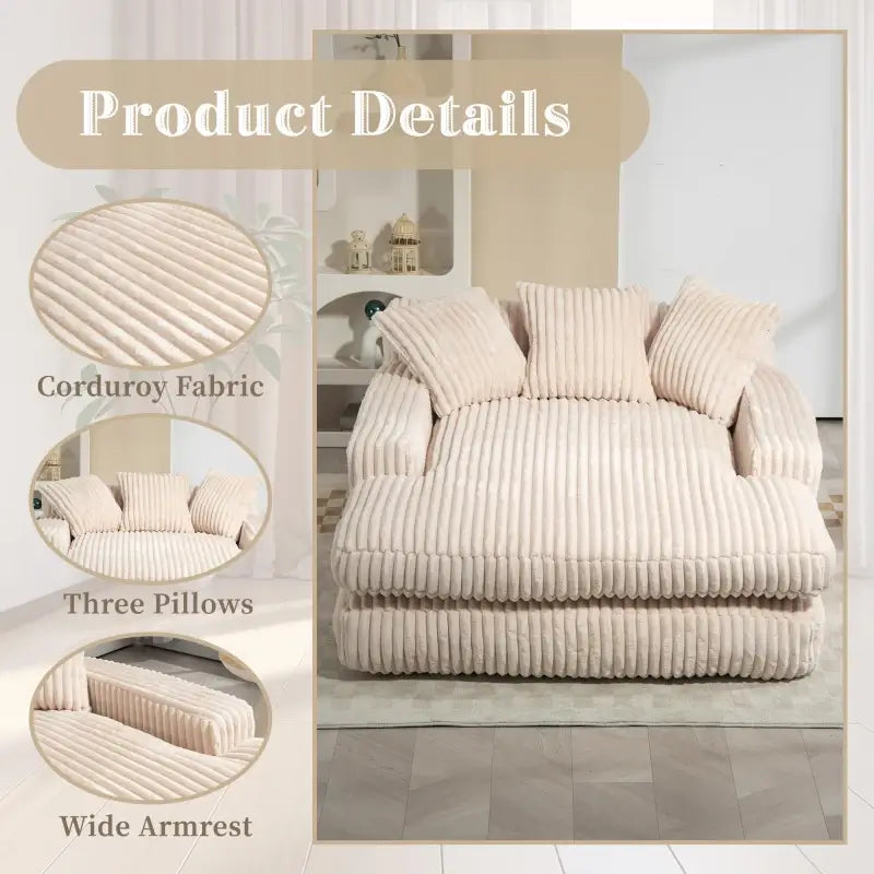 Oversized Chaise Longue Sofa with 3 Throw Cushions and Wide Armrests, Chair with Shredded Memory Foam Seat, 155L x 125W x 63H cm, Beige