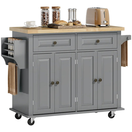 HOMCOM Rolling Kitchen Island Storage Trolley with Rubber Wood Top & Drawers for Dining Room, Grey