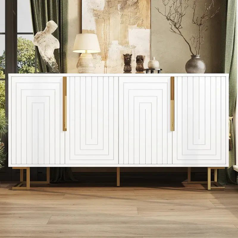 Stylish Sideboard with 2 Doors, 4 Shelves and Geometric Door Design, Durable Cabinet with Slim Metal Feet, 152L x 40W x 75H cm, White