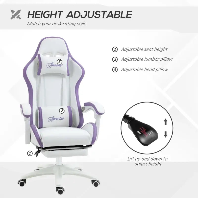 Vinsetto Computer Gaming Chair, PU Leather Office Desk Chair with Footrest, Swivel Wheels, 135° Reclining Back, Lumbar Support, Headrest for Home, White and Purple