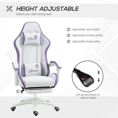 Vinsetto Computer Gaming Chair, PU Leather Office Desk Chair with Footrest, Swivel Wheels, 135° Reclining Back, Lumbar Support, Headrest for Home, White and Purple