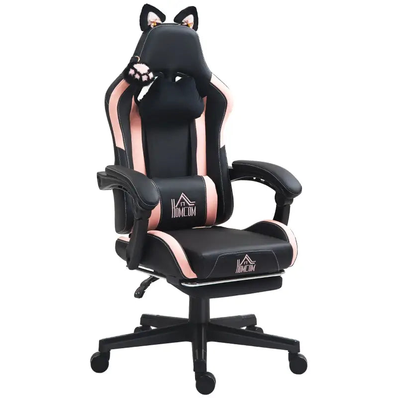 HOMCOM Cat Ear and Paw Reclining Office Chair, with Footrest - Black/Pink