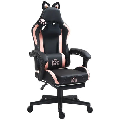 HOMCOM Cat Ear and Paw Reclining Office Chair, with Footrest - Black/Pink