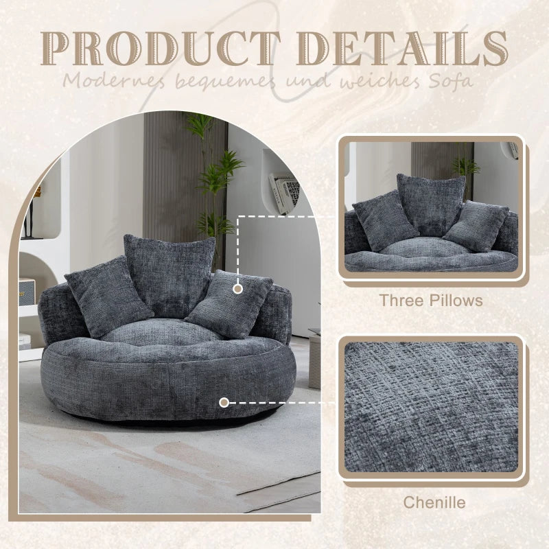 Chenille Bean Bag Chair with Memory Foam Filling, High Back Lounger with Three Pillows for Adults and Kids, 108L x 108W x 52H cm, Gray